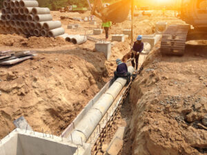 Construction workers installing concrete drainage pipes in a trench, surrounded by earth and construction materials, illustrating the importance of proper drainage for long-lasting pavement performance.