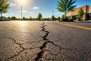 Cracked asphalt parking lot under summer sunlight, showing heat-related pavement damage and surface deterioration in a commercial parking area.